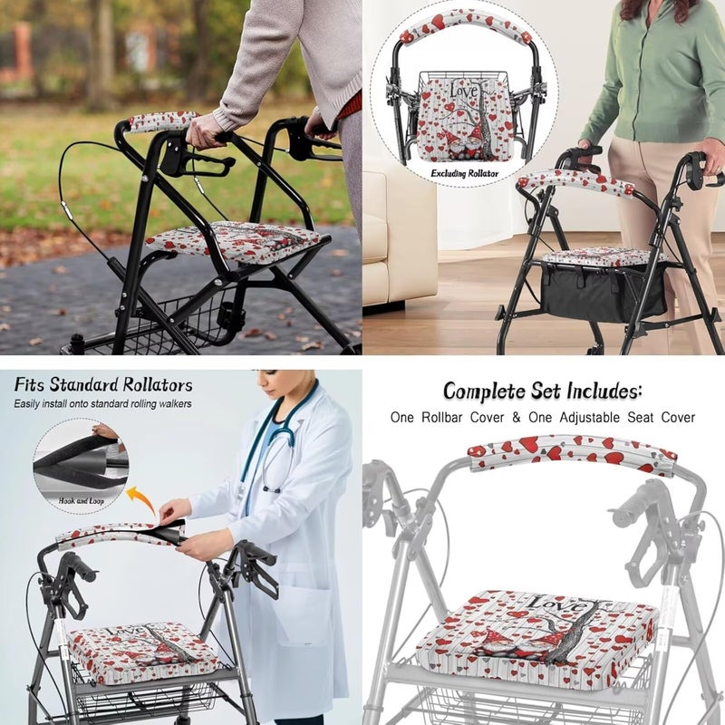 LedBack Love Hearts Gnome Universal Rollator Walker Seat and Backrest Covers Rollator Cover Walker Accessories Sets for Seniors Durable Underseat Pouch Tote for Valentines Day - Image 4